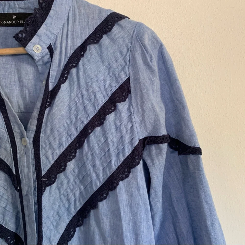 Pomander Place Tuckernuck Blue Linen Blend Lace Trim Maxi Shirt Dress S